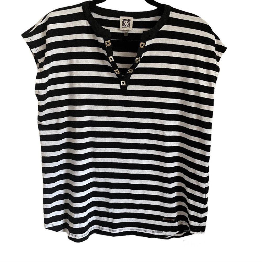 Anne Klein Womens White / Black Striped Capped Sleeve Top - L